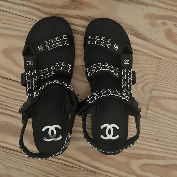 CHANEL Shoes - Chanel Silver Chain Velcro Sandals size 39.5